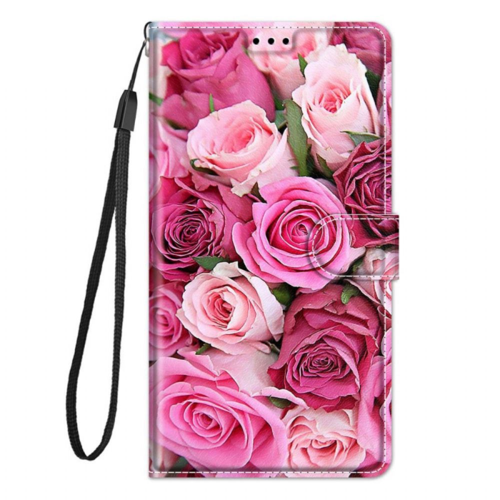 Flip Case Für Samsung Galaxy M53 5G Rosen Mit Riemen