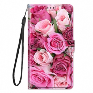 Flip Case Für Samsung Galaxy M53 5G Rosen Mit Riemen