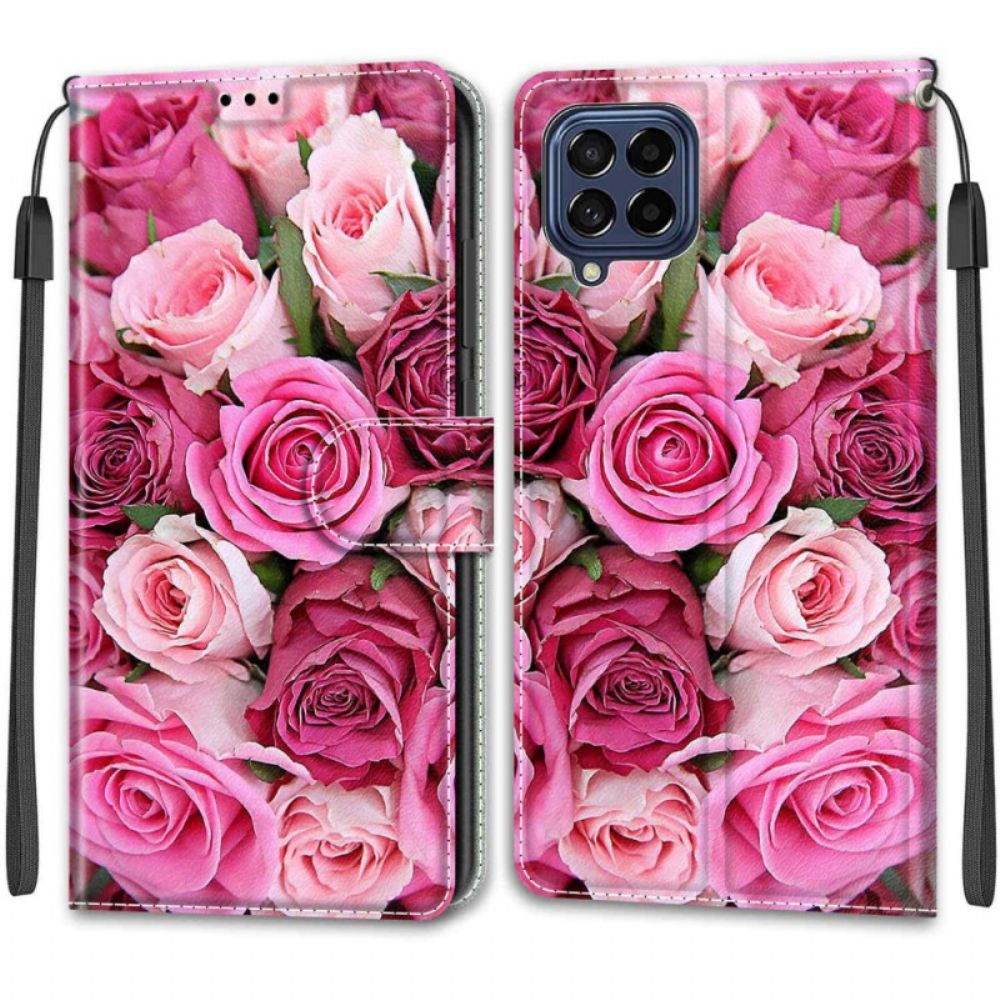 Flip Case Für Samsung Galaxy M53 5G Rosen Mit Riemen