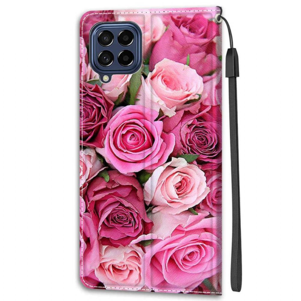 Flip Case Für Samsung Galaxy M53 5G Rosen Mit Riemen