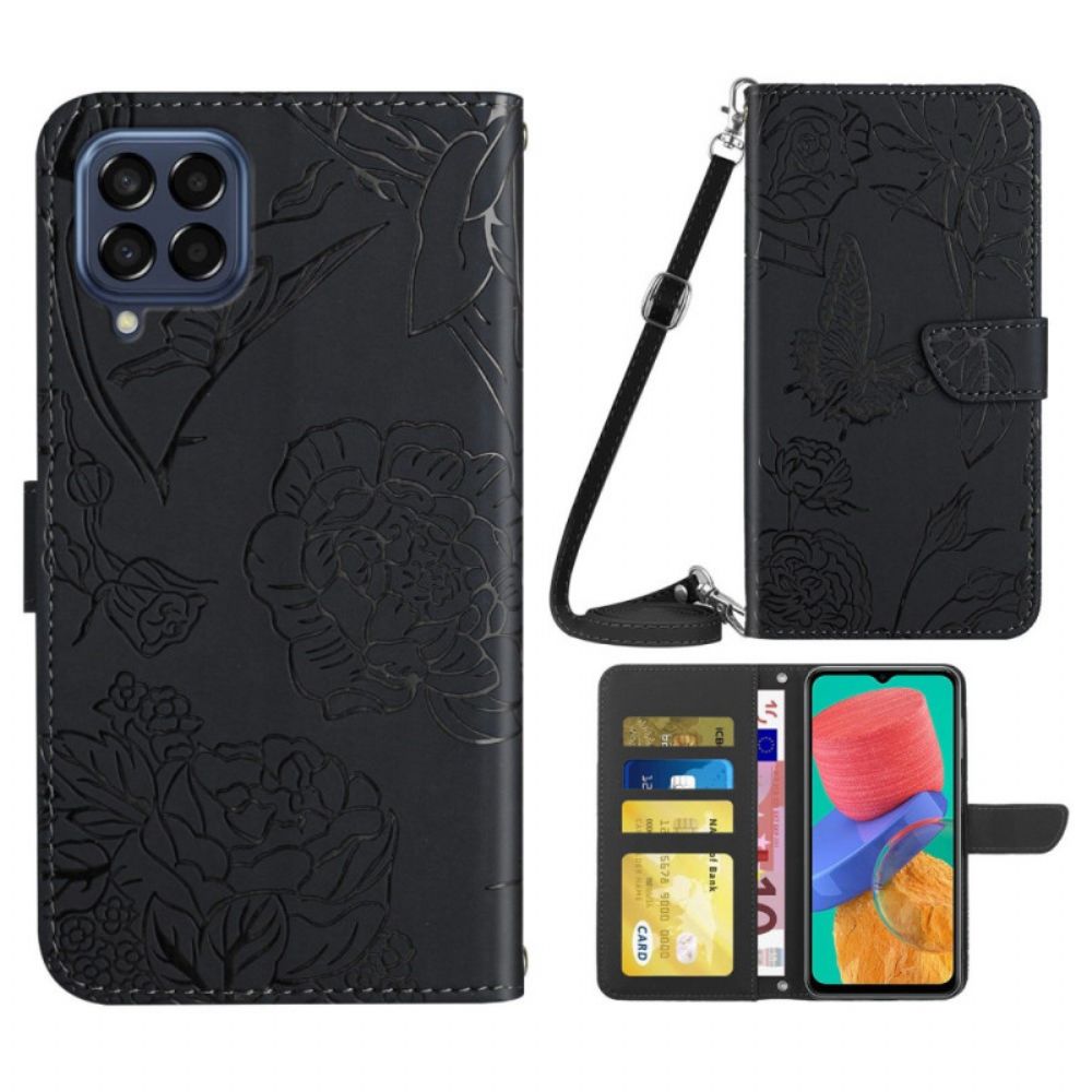 Flip Case Für Samsung Galaxy M53 5G Schmetterlinge Und Schulterriemen