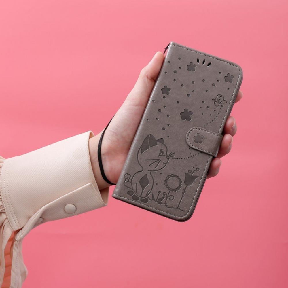 Flip Case Für Xiaomi Redmi Note 11 Pro Plus 5G Mit Kordel Katze Und Bienen Im Tragegurt