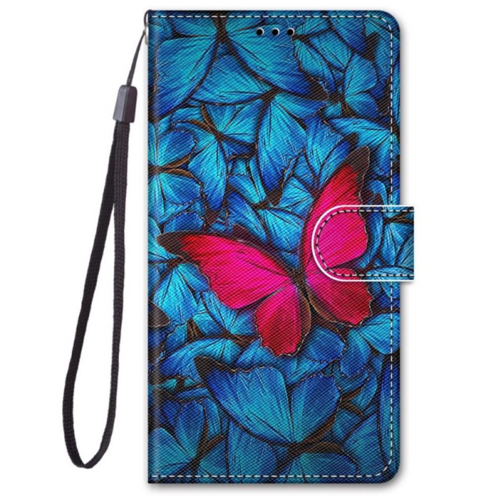 Flip Case Für Xiaomi Redmi Note 11 Pro Plus 5G Roter Schmetterling Auf Blauem Hintergrund