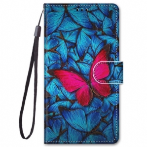 Flip Case Für Xiaomi Redmi Note 11 Pro Plus 5G Roter Schmetterling Auf Blauem Hintergrund