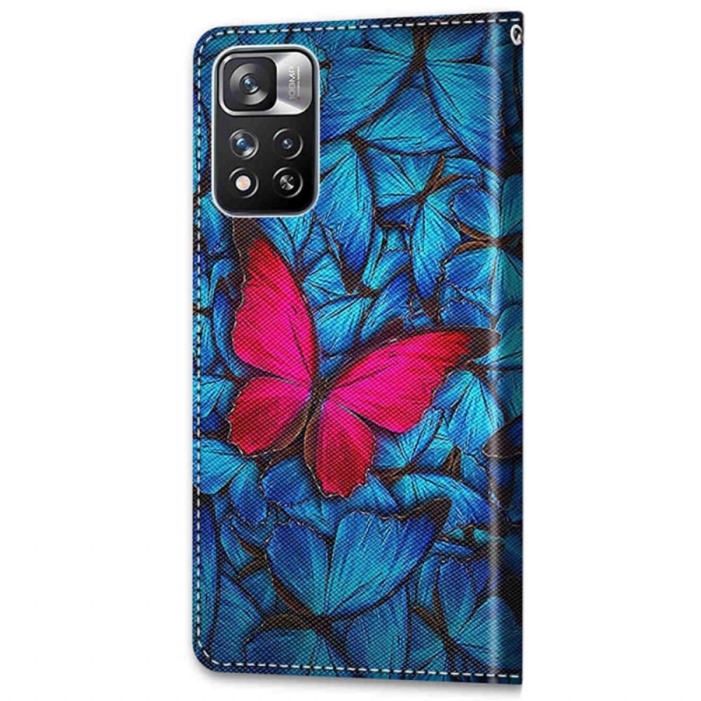 Flip Case Für Xiaomi Redmi Note 11 Pro Plus 5G Roter Schmetterling Auf Blauem Hintergrund