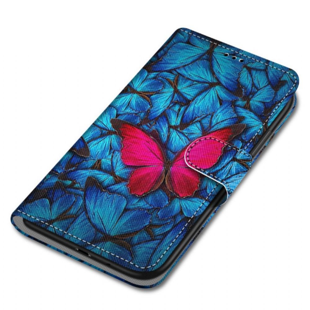 Flip Case Für Xiaomi Redmi Note 11 Pro Plus 5G Roter Schmetterling Auf Blauem Hintergrund