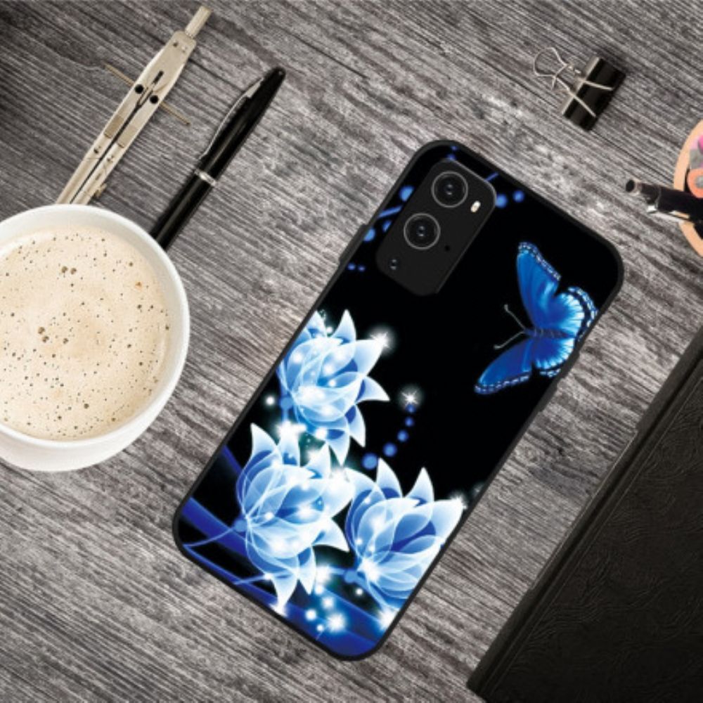 Hülle Für OnePlus 9 Pro Schmetterling Und Blaue Blumen