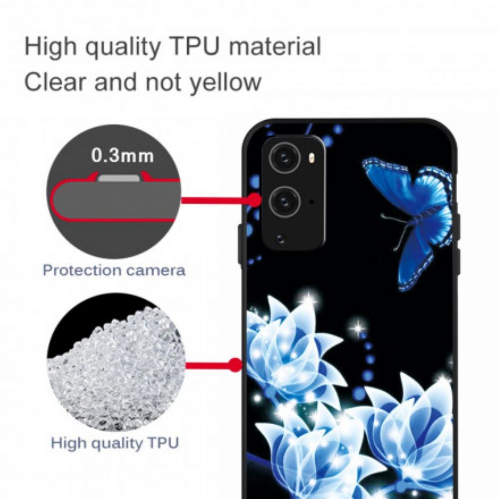 Hülle Für OnePlus 9 Pro Schmetterling Und Blaue Blumen