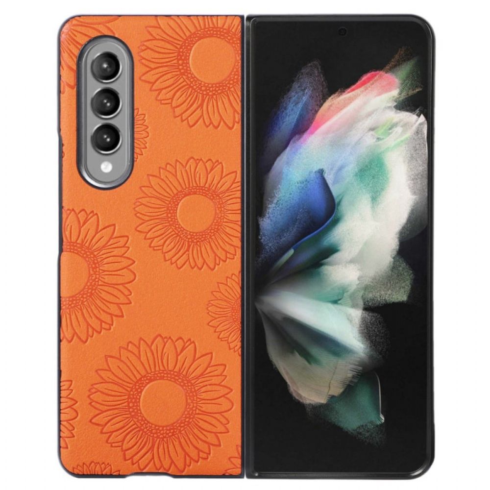 Handyhülle Für Samsung Galaxy Z Fold 4 Beschichtetes Kunstleder Mit Sonnenblumenmuster