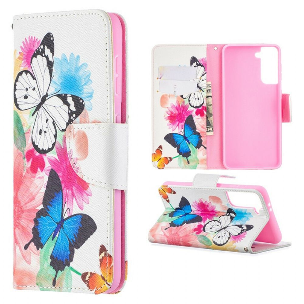 Flip Case Für Samsung Galaxy S21 5G Gemalte Schmetterlinge Und Blumen