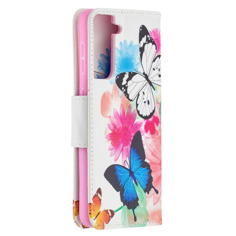 Flip Case Für Samsung Galaxy S21 5G Gemalte Schmetterlinge Und Blumen