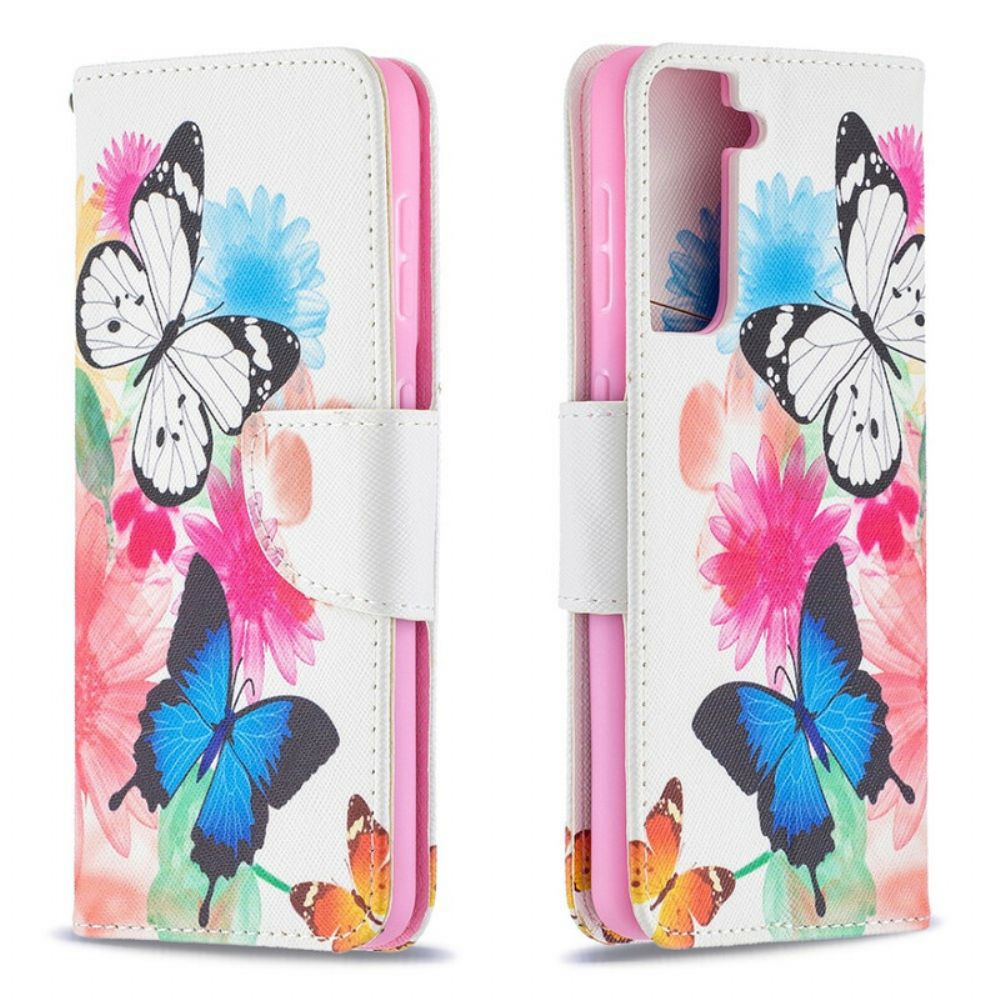 Flip Case Für Samsung Galaxy S21 5G Gemalte Schmetterlinge Und Blumen