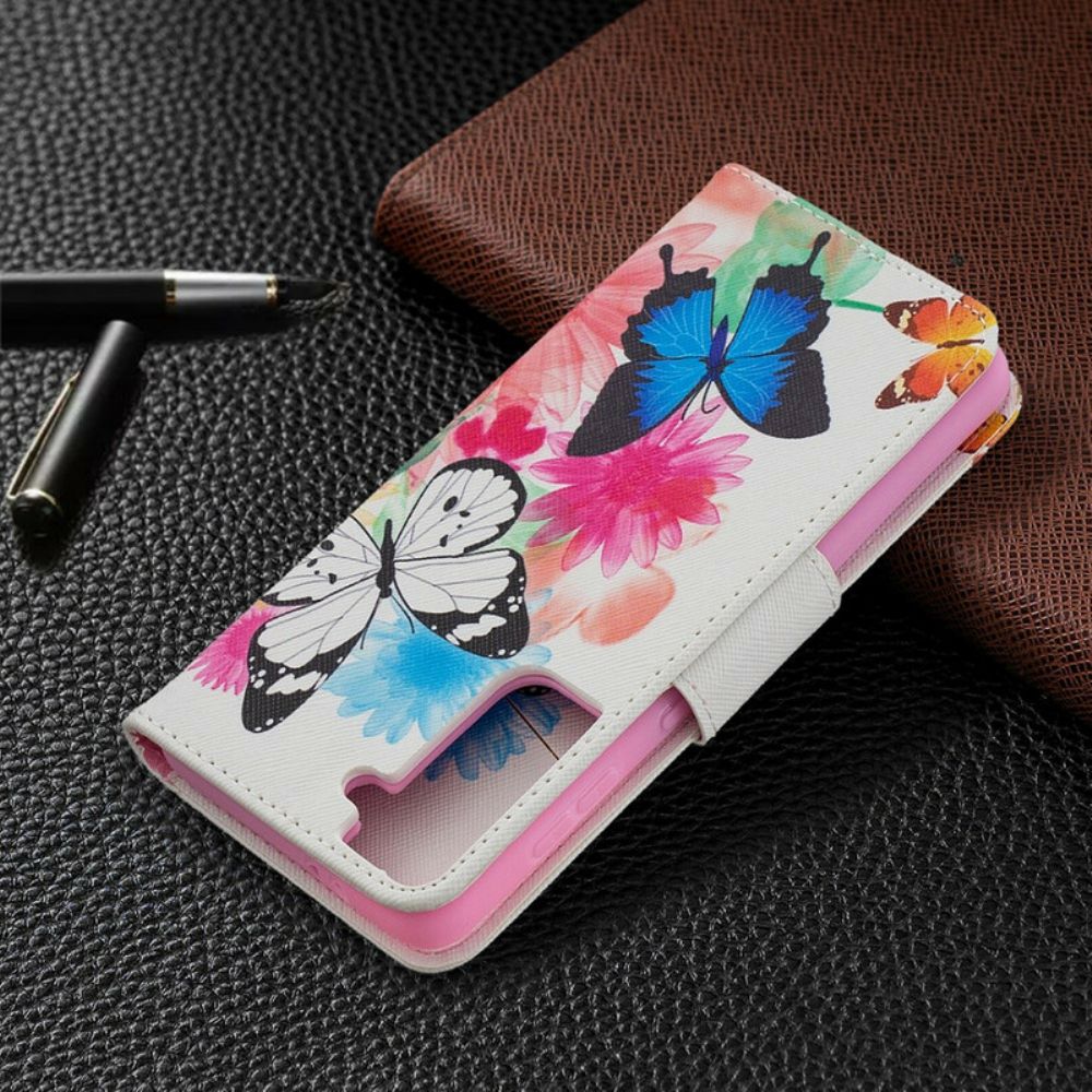 Flip Case Für Samsung Galaxy S21 5G Gemalte Schmetterlinge Und Blumen