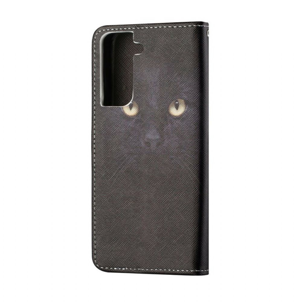 Flip Case Für Samsung Galaxy S21 5G Mit Kordel Schwarze Katzenaugen Mit Riemen