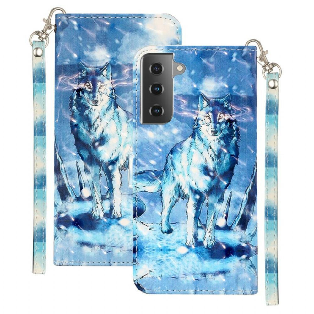 Flip Case Für Samsung Galaxy S21 5G Mit Kordel Wolf Light Strap Strahler