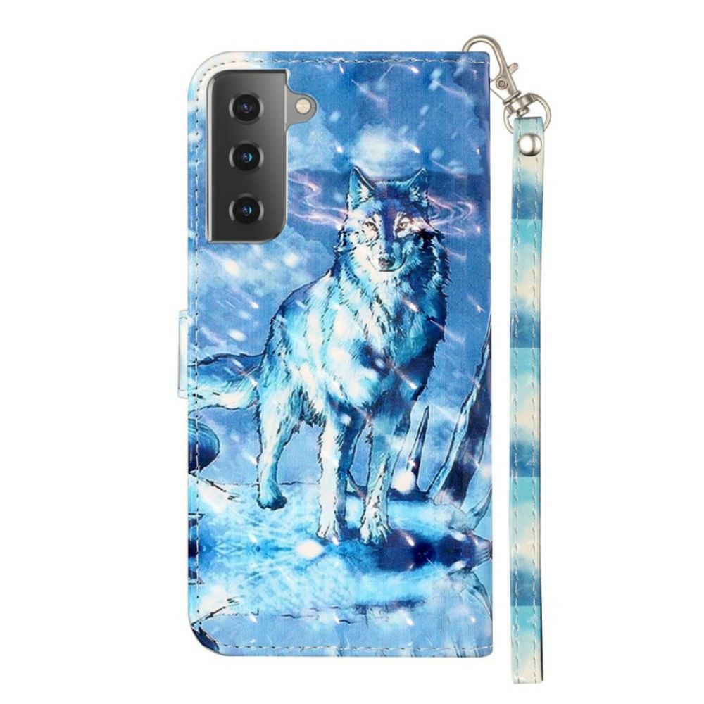 Flip Case Für Samsung Galaxy S21 5G Mit Kordel Wolf Light Strap Strahler