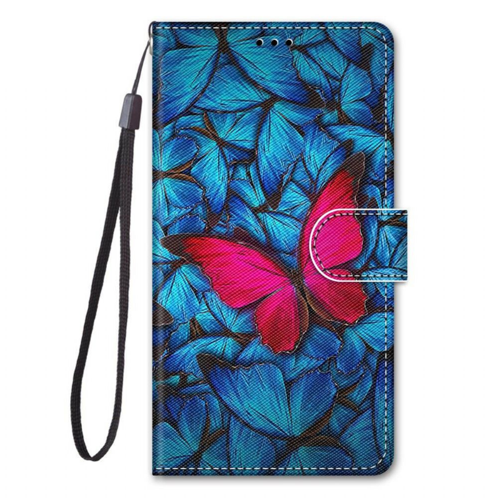 Flip Case Für Samsung Galaxy S21 5G Roter Schmetterling Auf Blauem Hintergrund