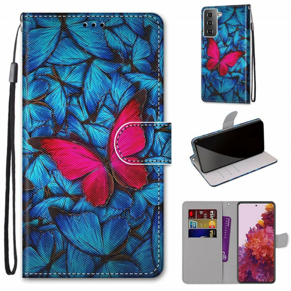 Flip Case Für Samsung Galaxy S21 5G Roter Schmetterling Auf Blauem Hintergrund