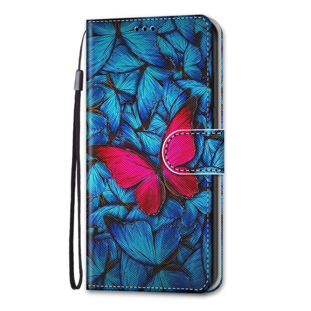 Flip Case Für Samsung Galaxy S21 5G Roter Schmetterling Auf Blauem Hintergrund