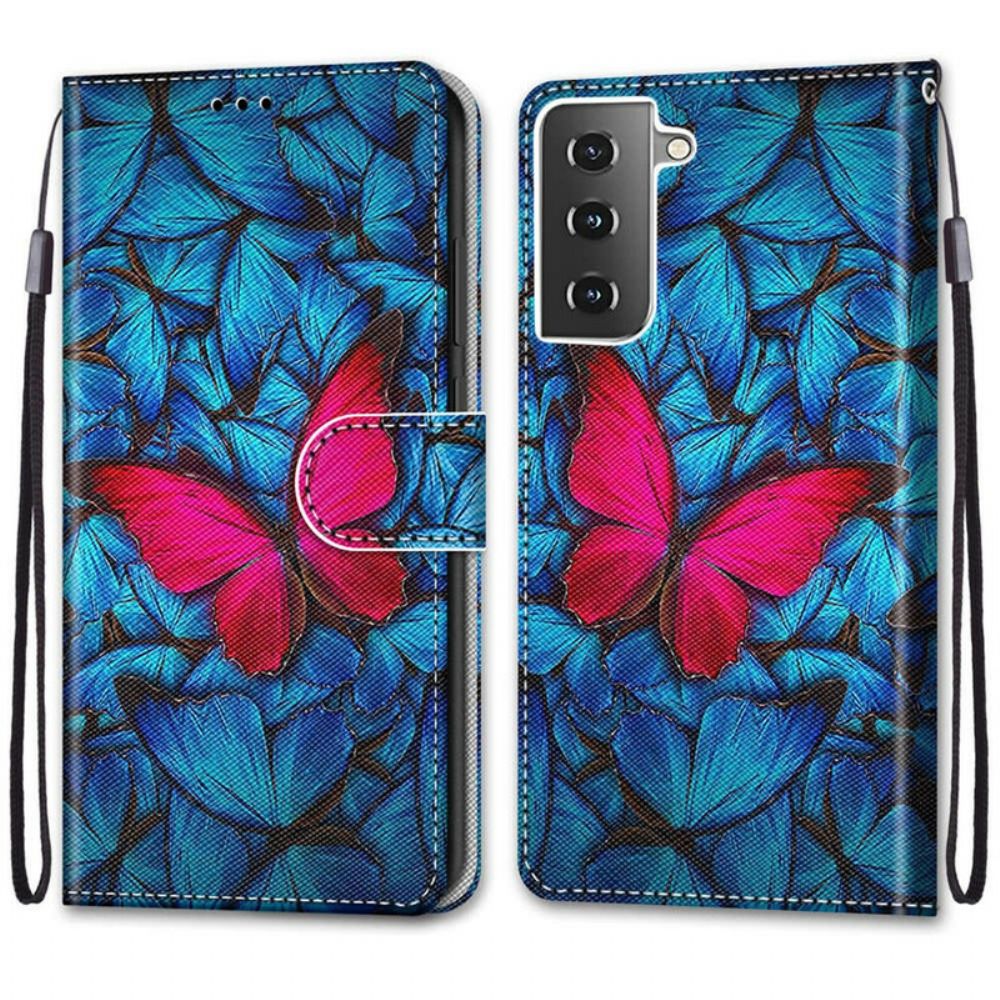 Flip Case Für Samsung Galaxy S21 5G Roter Schmetterling Auf Blauem Hintergrund