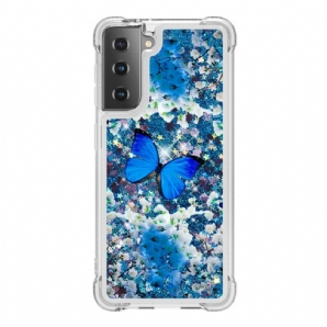 Hülle Für Samsung Galaxy S21 5G Blaue Glitzerschmetterlinge