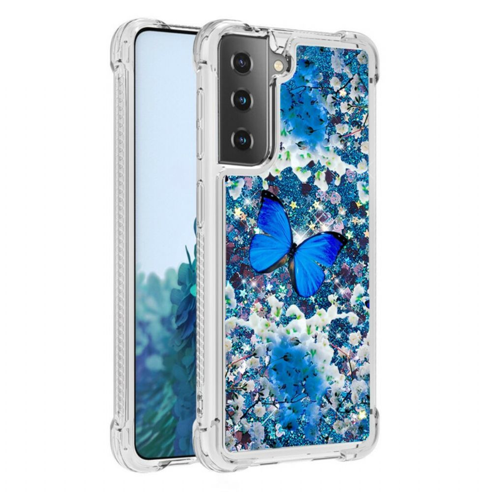 Hülle Für Samsung Galaxy S21 5G Blaue Glitzerschmetterlinge