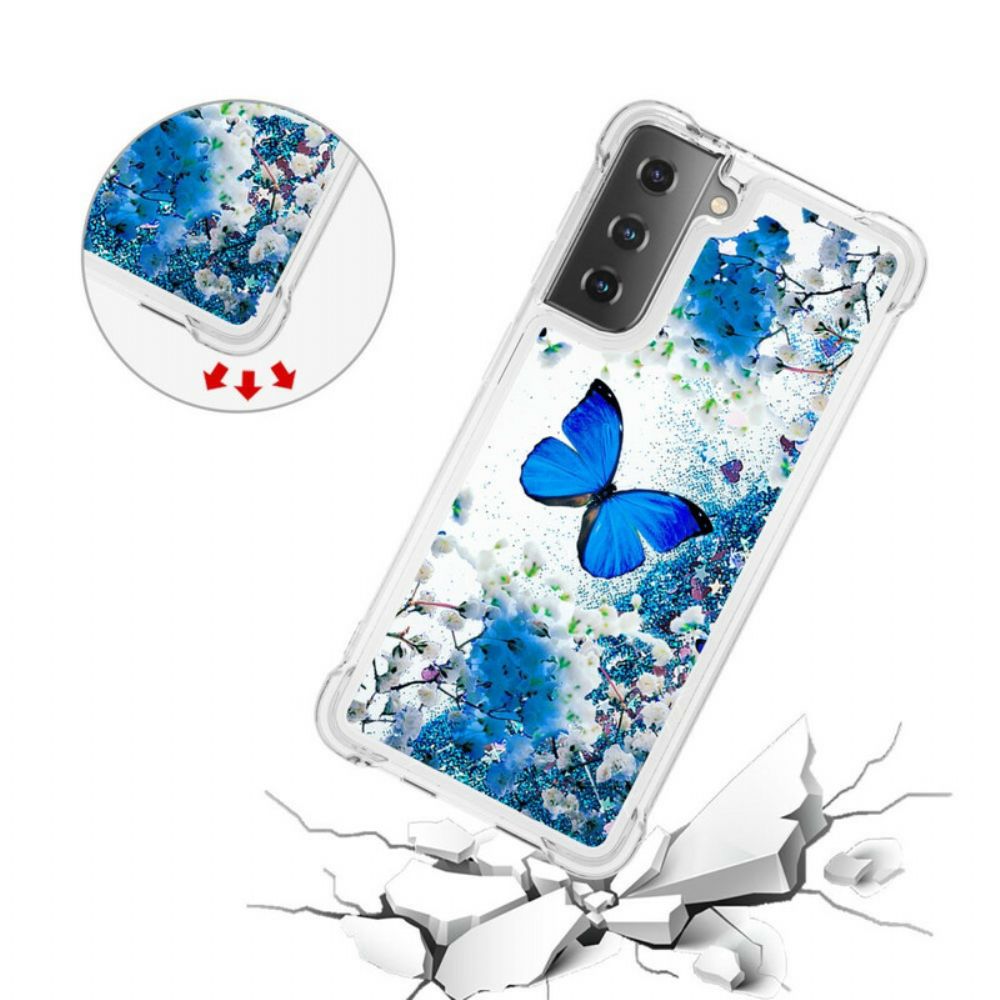 Hülle Für Samsung Galaxy S21 5G Blaue Glitzerschmetterlinge