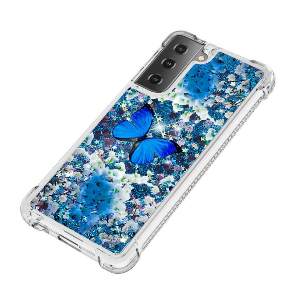 Hülle Für Samsung Galaxy S21 5G Blaue Glitzerschmetterlinge