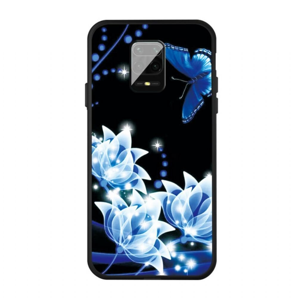 Handyhülle Für Xiaomi Redmi Note 9S / Note 9 Pro Schmetterling Und Blaue Blumen