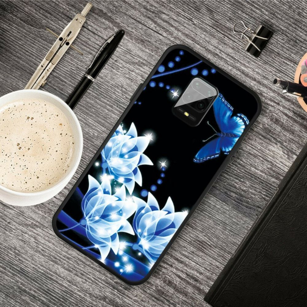 Handyhülle Für Xiaomi Redmi Note 9S / Note 9 Pro Schmetterling Und Blaue Blumen