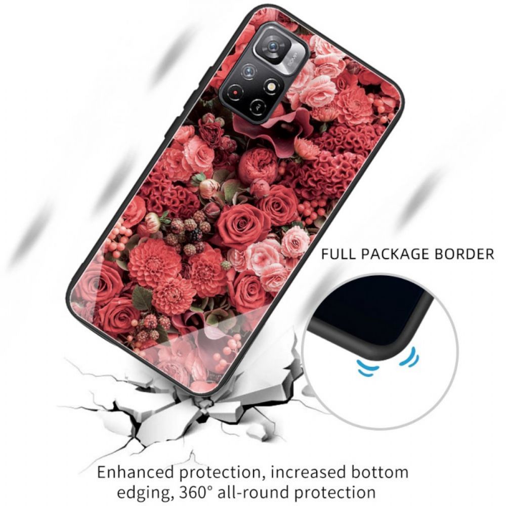 Handyhülle Für Poco M4 Pro 5G Rosa Blumen Aus Gehärtetem Glas