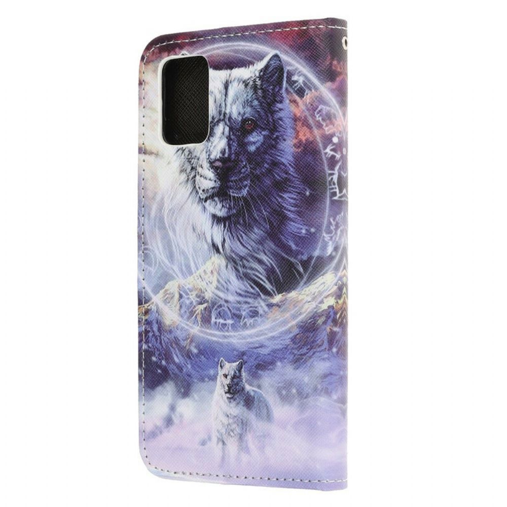 Lederhüllen Für Samsung Galaxy A52 4G / A52 5G / A52s 5G Wolf Im Winter Mit Lanyard