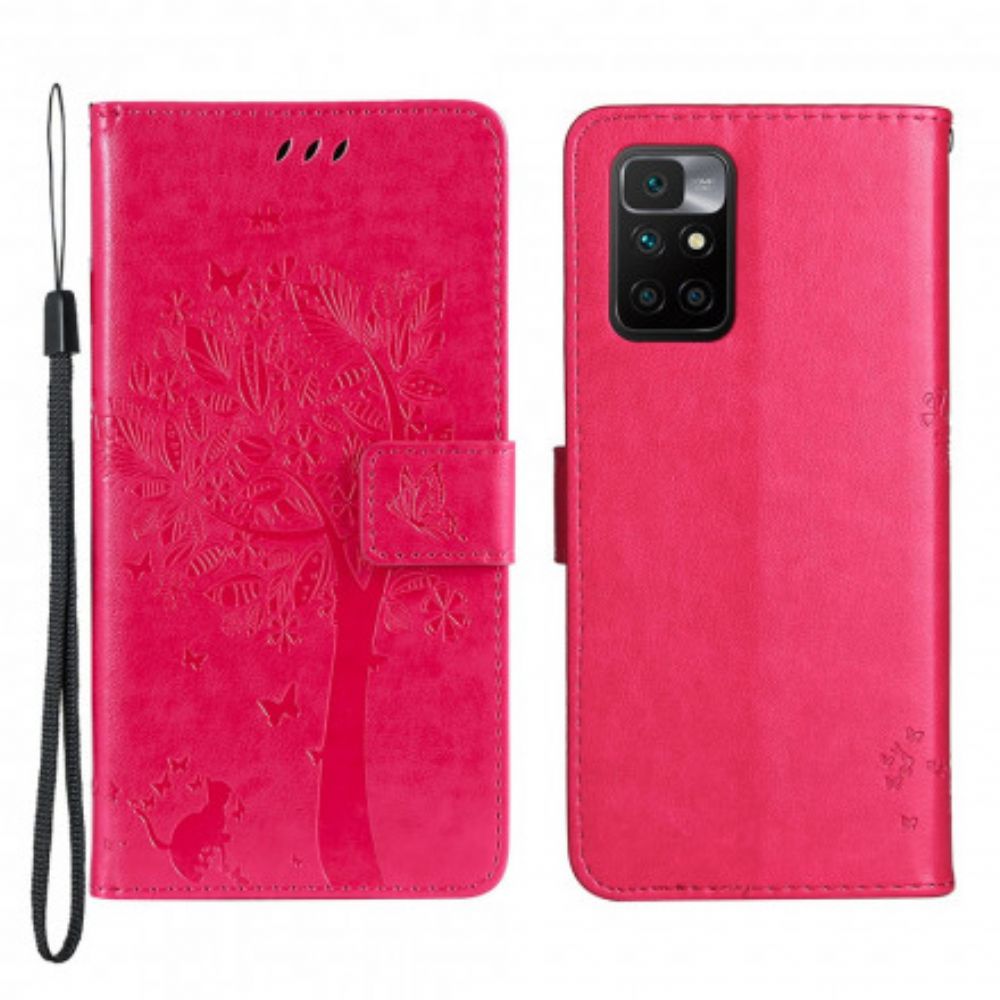 Flip Case Für Xiaomi Redmi 10 Mit Kordel Baum Und Riemchenkatze