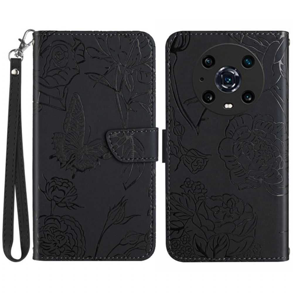 Flip Case Für Honor Magic 4 Pro Mit Kordel Tanga Schmetterlinge