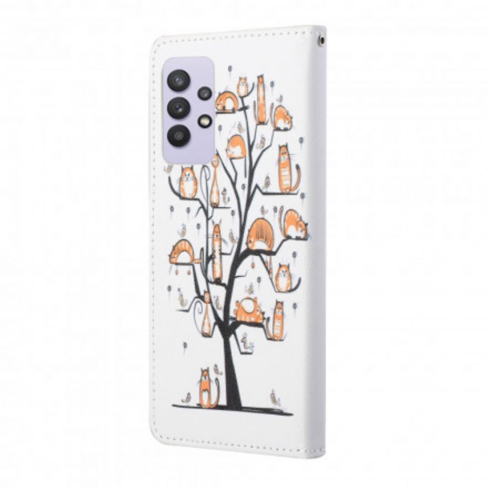 Lederhüllen Für Samsung Galaxy A32 4G Mit Kordel Funky Cats Mit Riemen