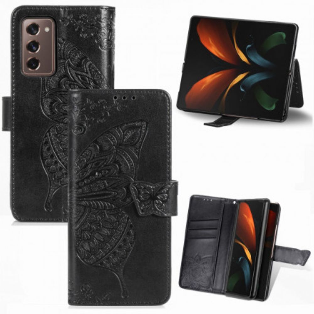 Lederhüllen Für Samsung Galaxy Z Fold 2 Schmetterlingsdesign Mit Lanyard