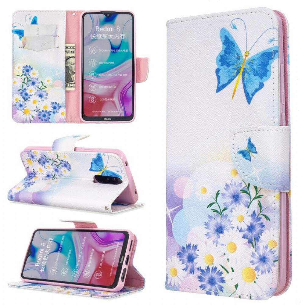 Flip Case Für Xiaomi Redmi 8 Gemalte Schmetterlinge Und Blumen