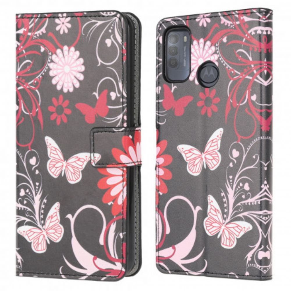 Flip Case Für Moto G50 Schmetterlinge Und Blumen