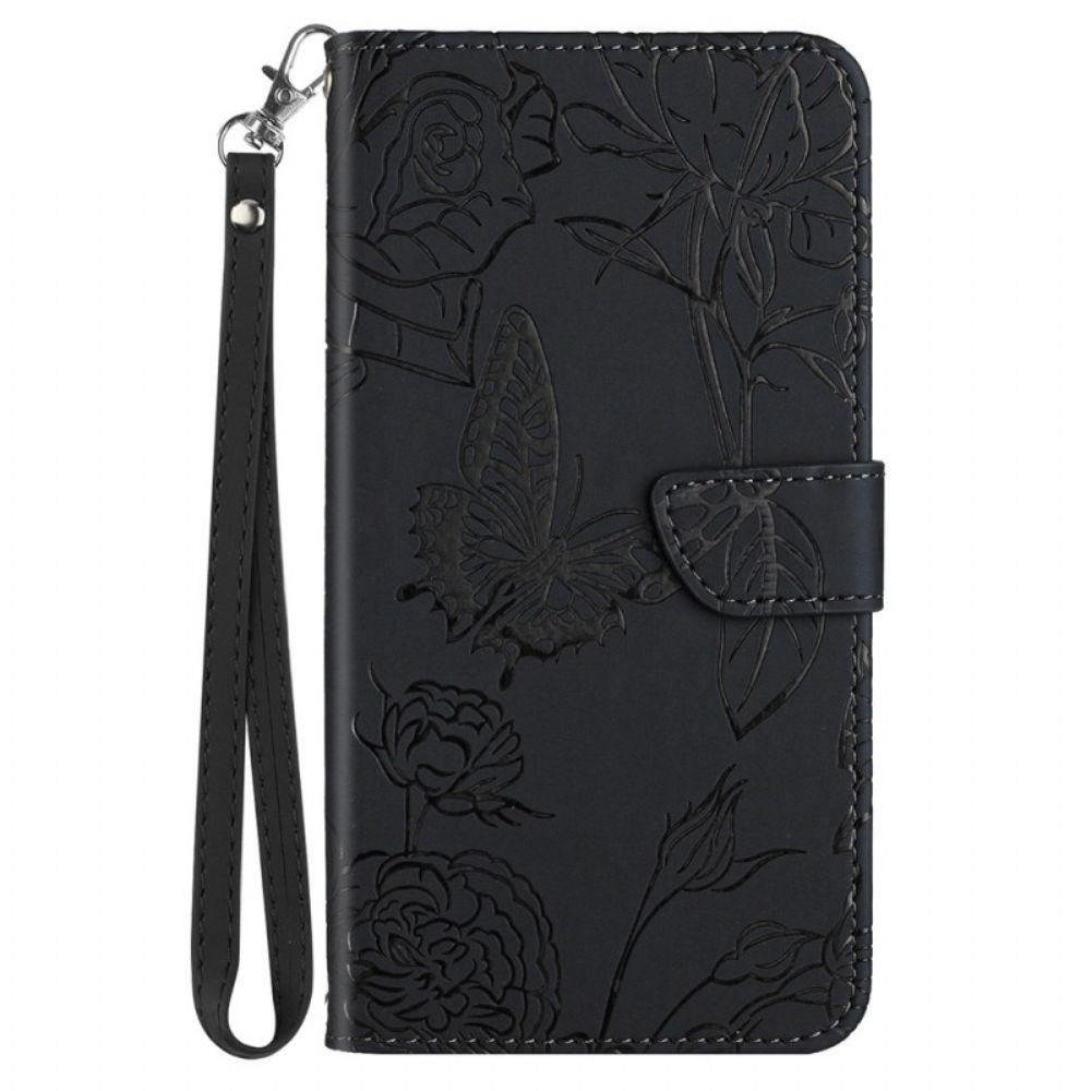 Flip Case Für Samsung Galaxy M52 5G Mit Kordel Blumenmuster Mit Riemchen