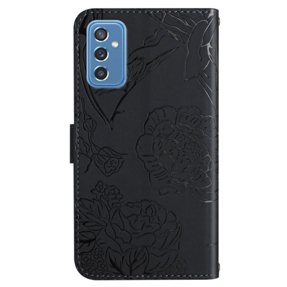 Flip Case Für Samsung Galaxy M52 5G Mit Kordel Blumenmuster Mit Riemchen