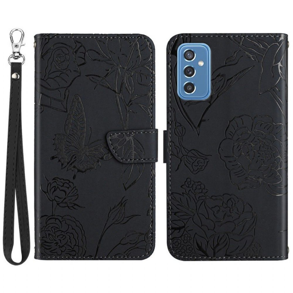 Flip Case Für Samsung Galaxy M52 5G Mit Kordel Blumenmuster Mit Riemchen