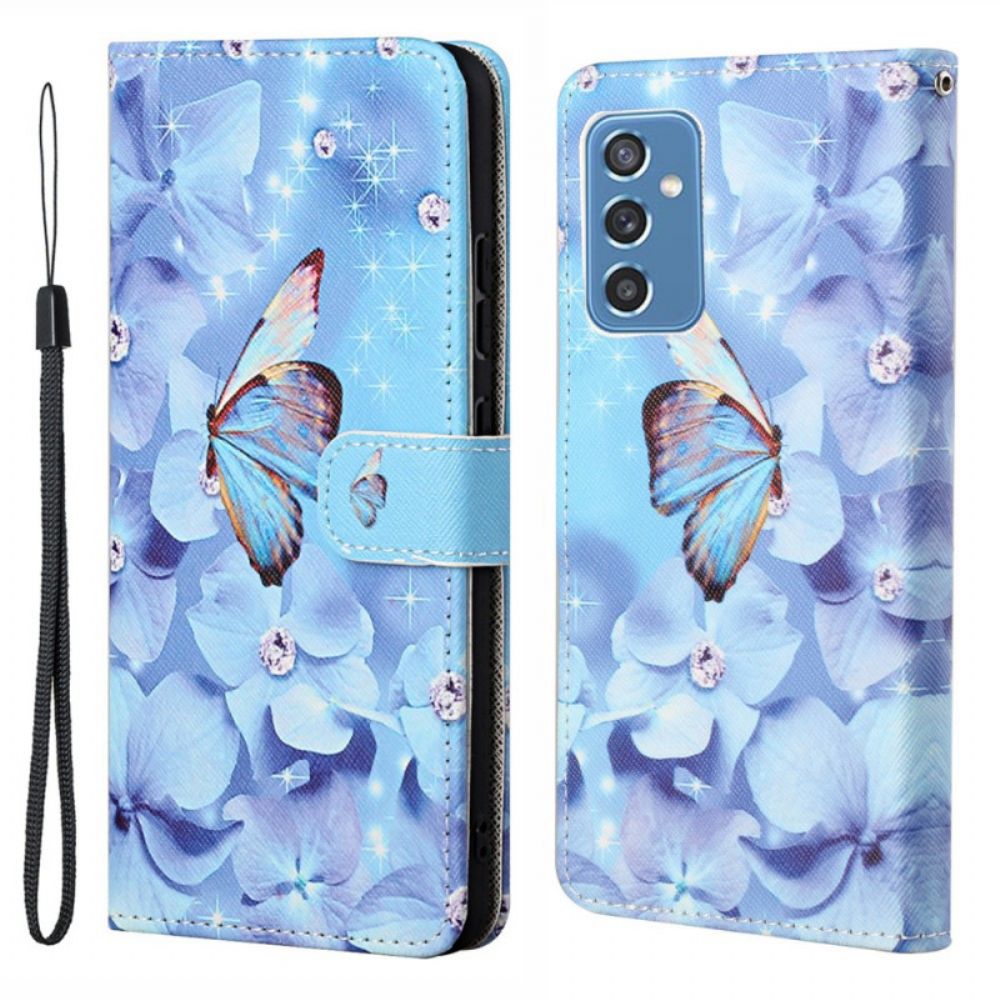 Flip Case Für Samsung Galaxy M52 5G Mit Kordel Diamantband Schmetterlinge