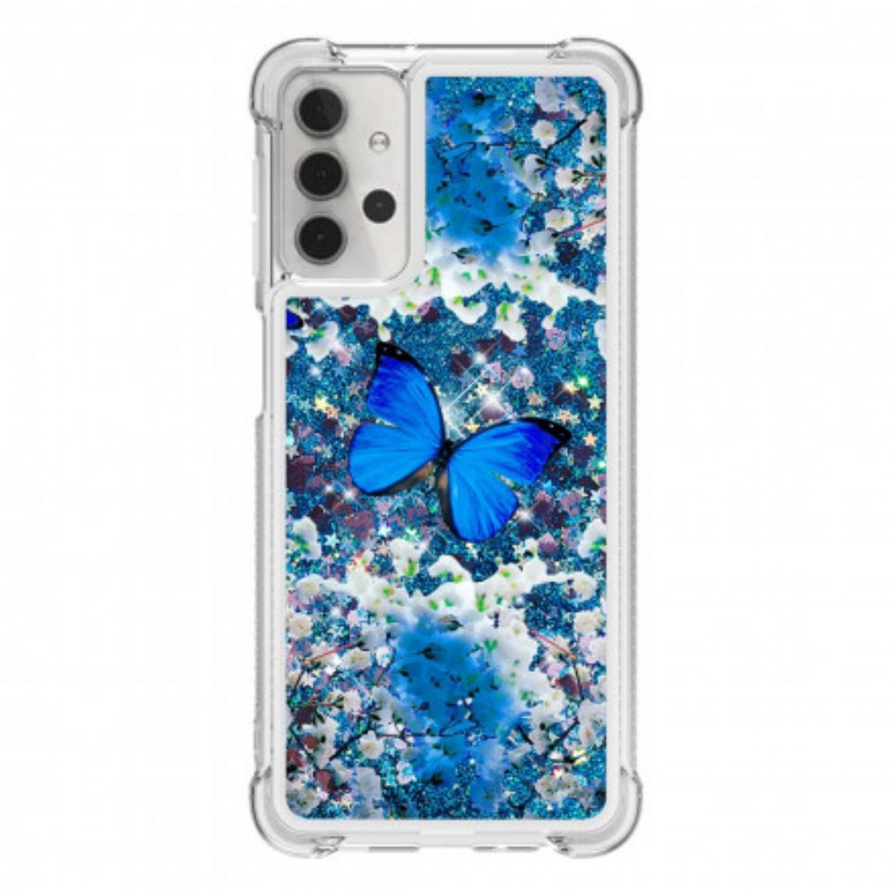 Handyhülle Für Samsung Galaxy A32 5G Blaue Glitzerschmetterlinge