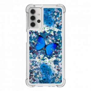 Handyhülle Für Samsung Galaxy A32 5G Blaue Glitzerschmetterlinge