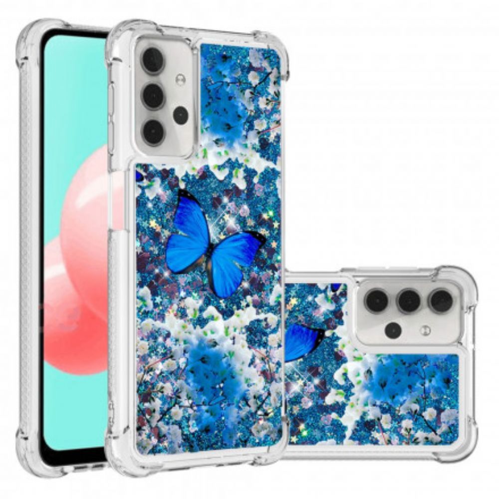 Handyhülle Für Samsung Galaxy A32 5G Blaue Glitzerschmetterlinge