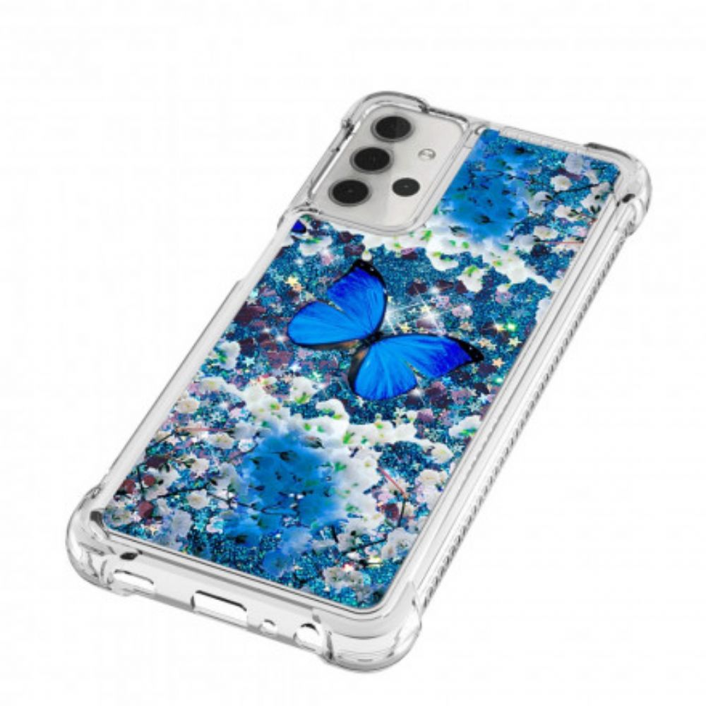 Handyhülle Für Samsung Galaxy A32 5G Blaue Glitzerschmetterlinge