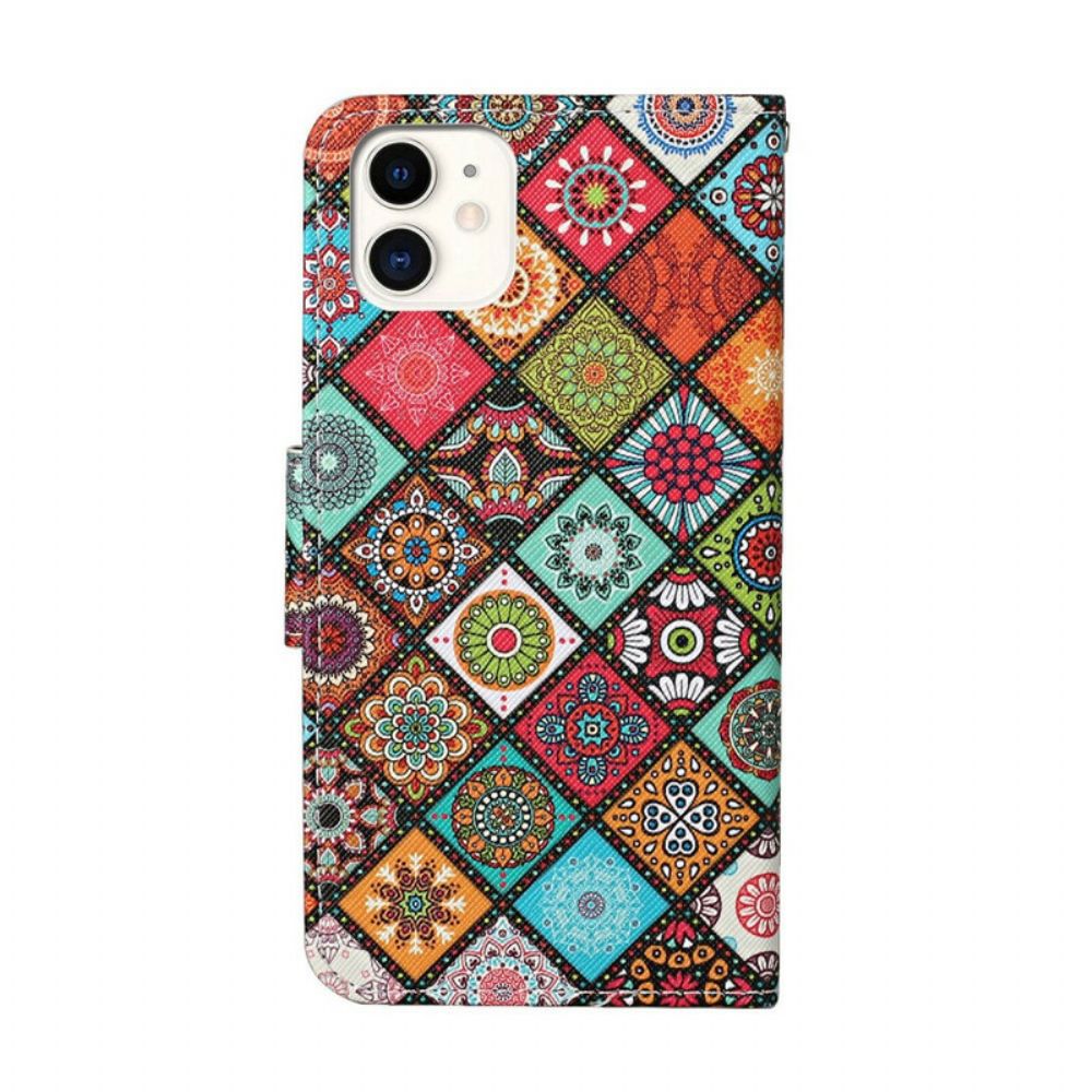 Flip Case Für iPhone 12 / 12 Pro Patchwork-mandalas Mit Lanyard