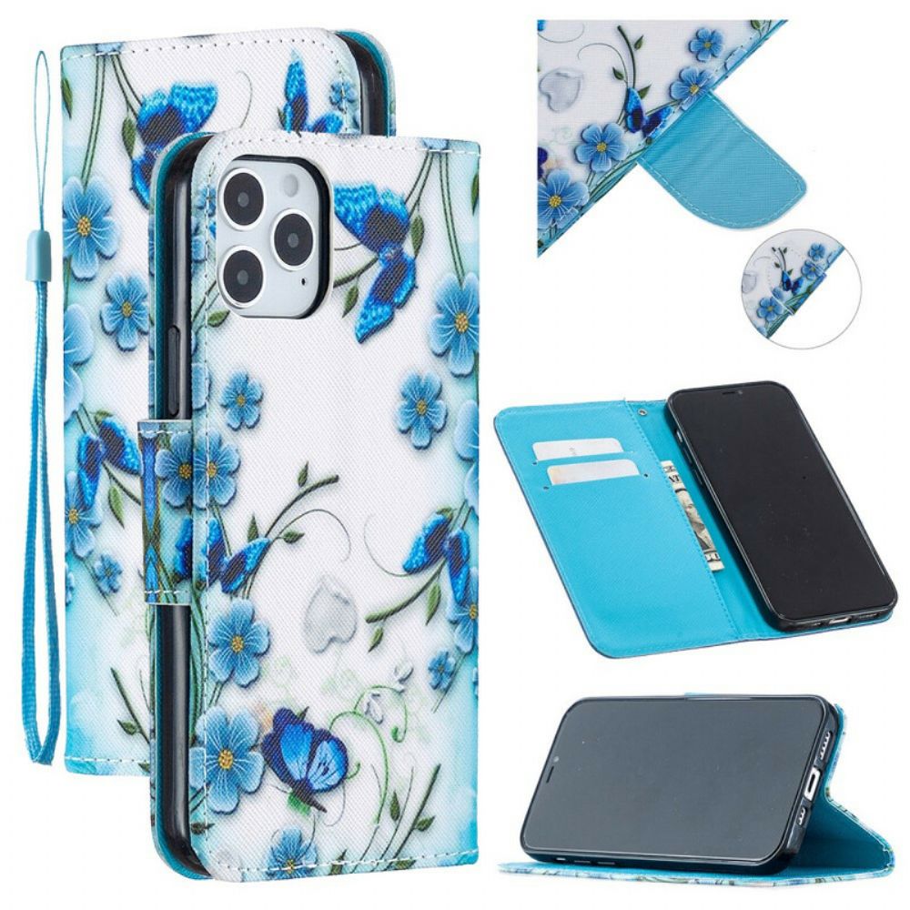 Lederhüllen Für iPhone 12 / 12 Pro Mit Kordel Blauer Riemen Schmetterlinge Und Blumen