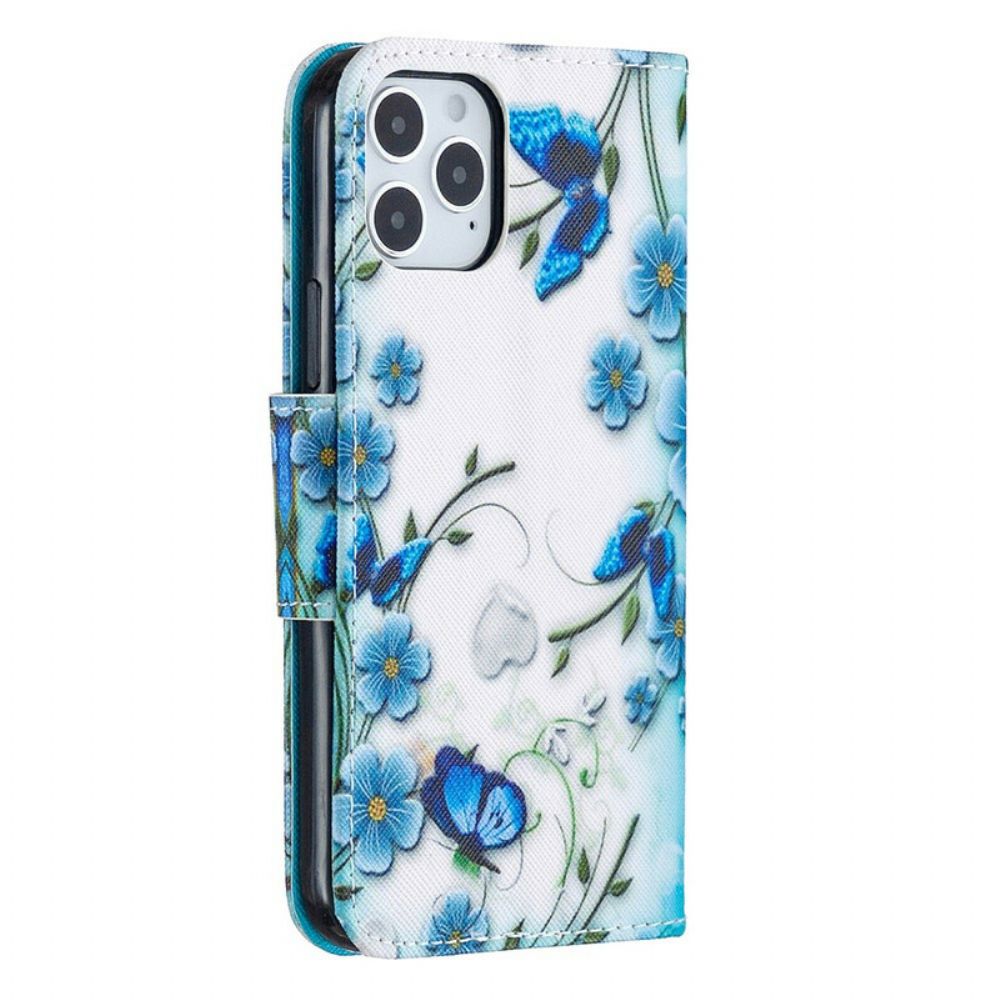 Lederhüllen Für iPhone 12 / 12 Pro Mit Kordel Blauer Riemen Schmetterlinge Und Blumen