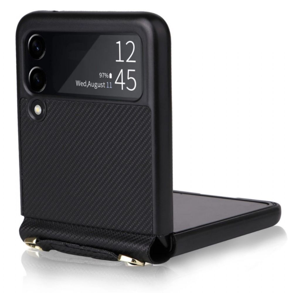 Handyhülle Für Samsung Galaxy Z Flip 4 Flip Case Kohlefaserstruktur Ledereffekt Mit Trageriemen